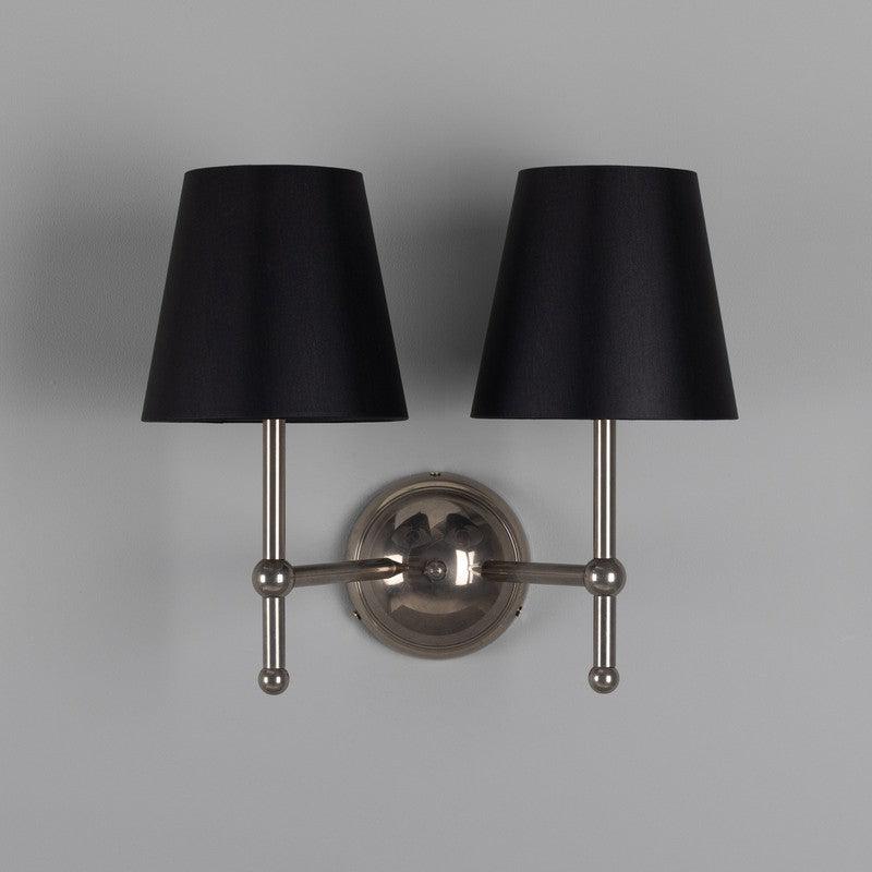 Bursa Modern Brass Double Wall Light With Fabric Shades-Mullan Lighting-Antique Silver-Black-nirohome