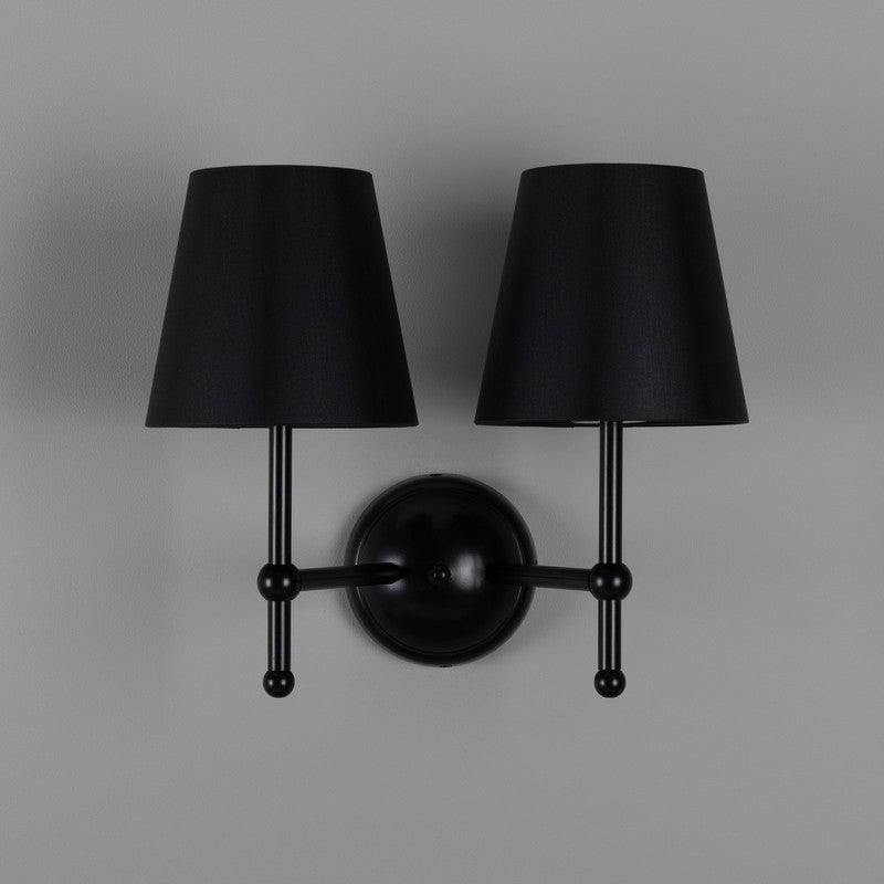 Bursa Modern Brass Double Wall Light With Fabric Shades-Mullan Lighting-Powder-Coated Matt Black-Black-nirohome