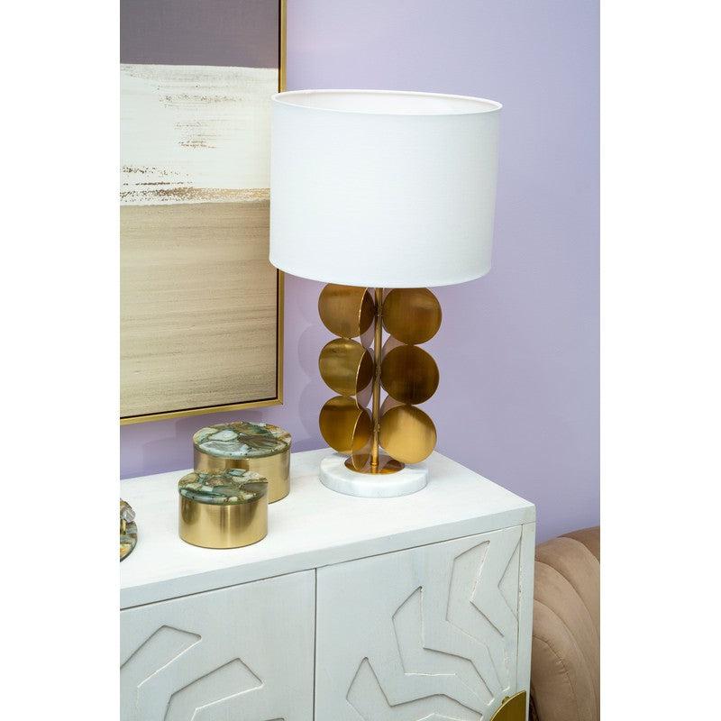 Cline Gold Disk Table Lamp With Linen Drum Shade-Niro Home-nirohome