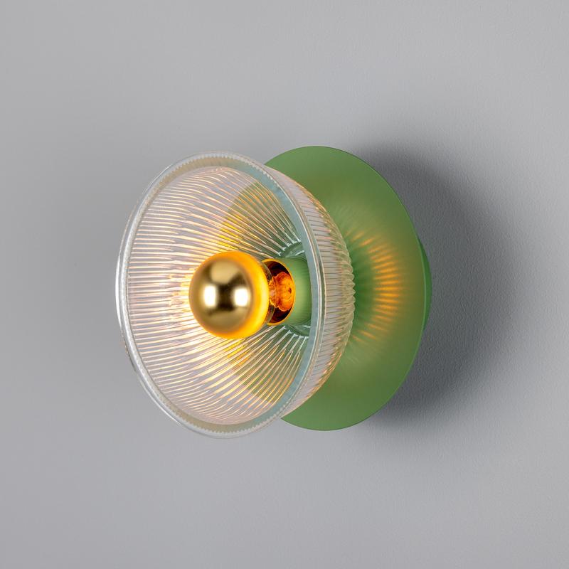 Eclipse Coloured Brass & Prismatic Glass Dish Wall Light-Mullan Lighting-Powder Coated Sage Green-nirohome