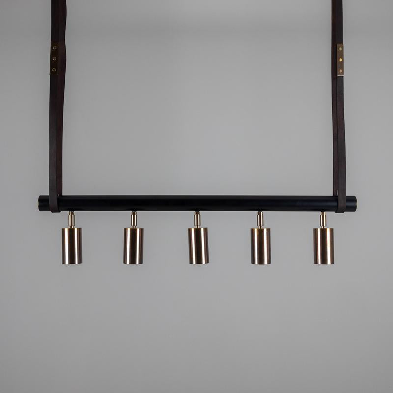 Holmes Linear Island Pendant With Leather Strap, Five Light-Mullan Lighting-Antique Brass-nirohome