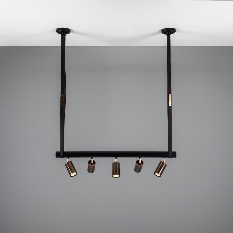 Holmes Linear Island Pendant With Leather Strap, Five Light-Mullan Lighting-Antique Brass-nirohome