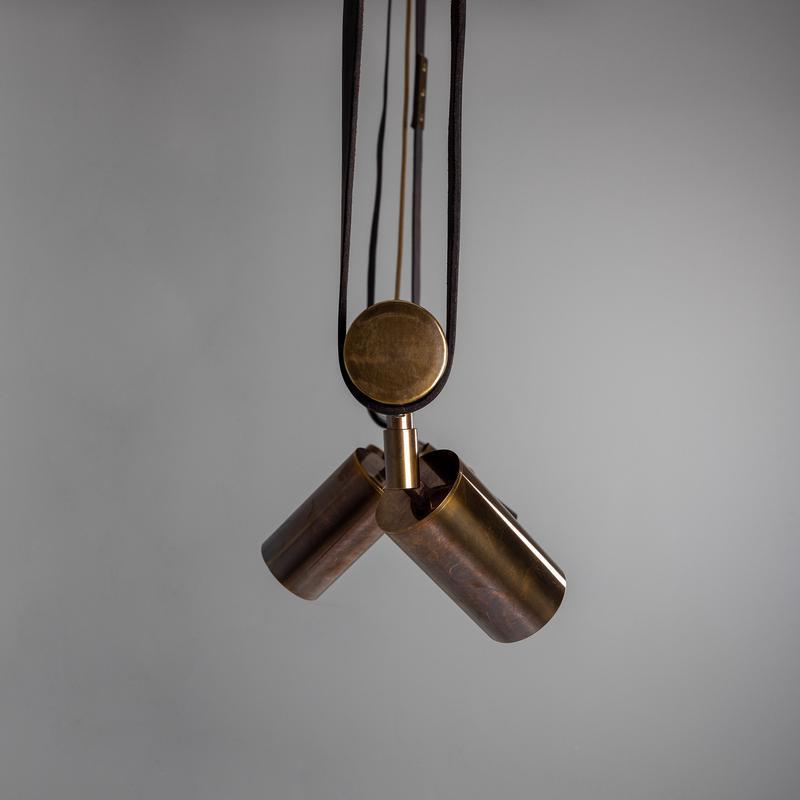 Holmes Linear Island Pendant With Leather Strap, Five Light-Mullan Lighting-Antique Brass-nirohome