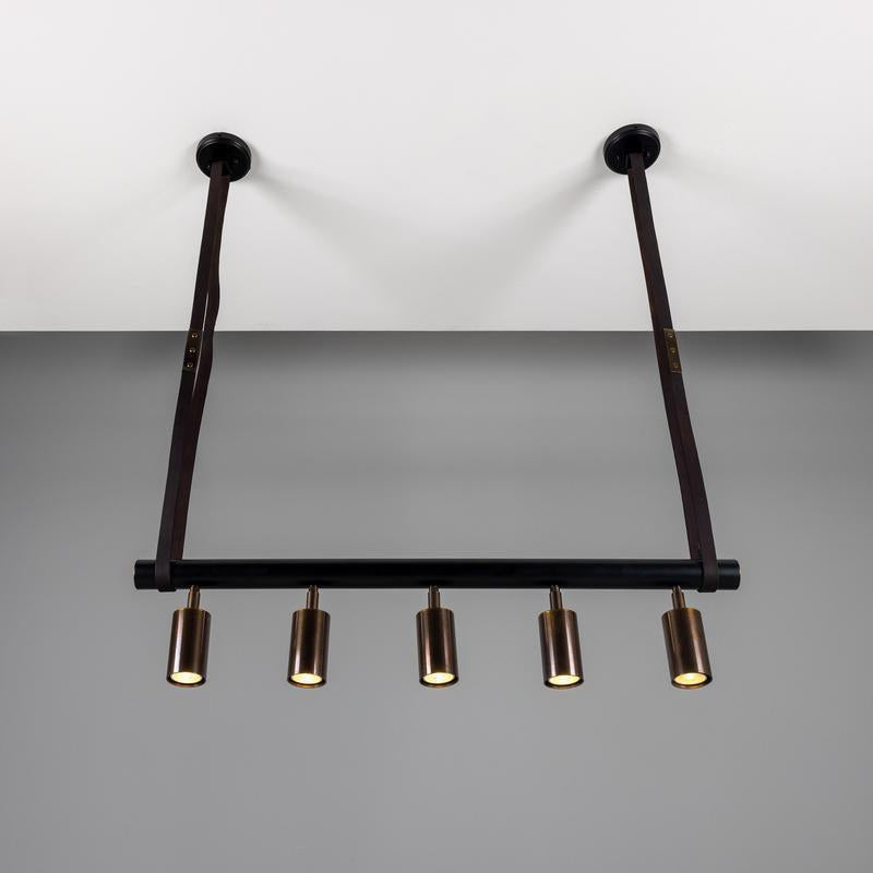 Holmes Linear Island Pendant With Leather Strap, Five Light-Mullan Lighting-Antique Brass-nirohome