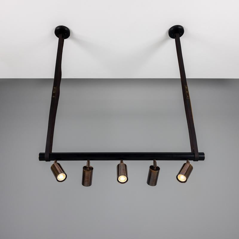 Holmes Linear Island Pendant With Leather Strap, Five Light-Mullan Lighting-Antique Brass-nirohome