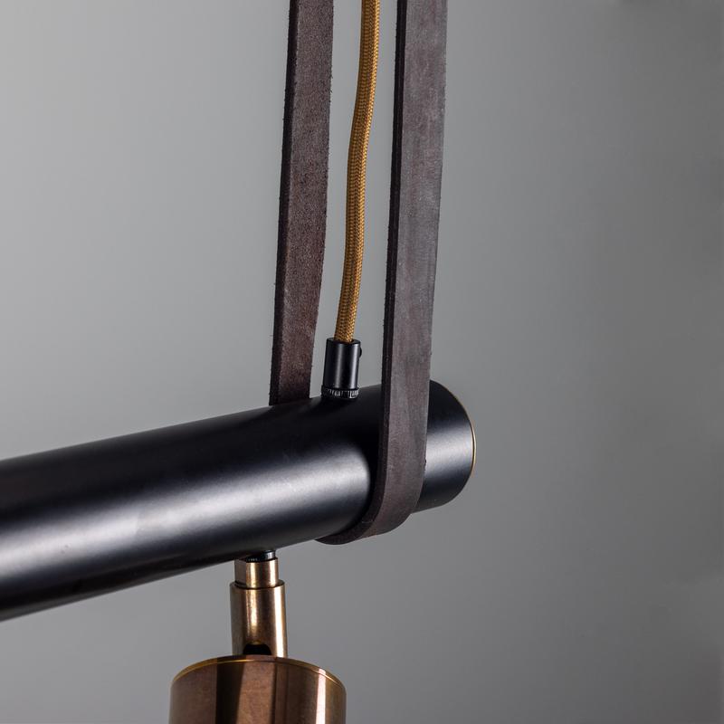 Holmes Linear Island Pendant With Leather Strap, Five Light-Mullan Lighting-Antique Brass-nirohome