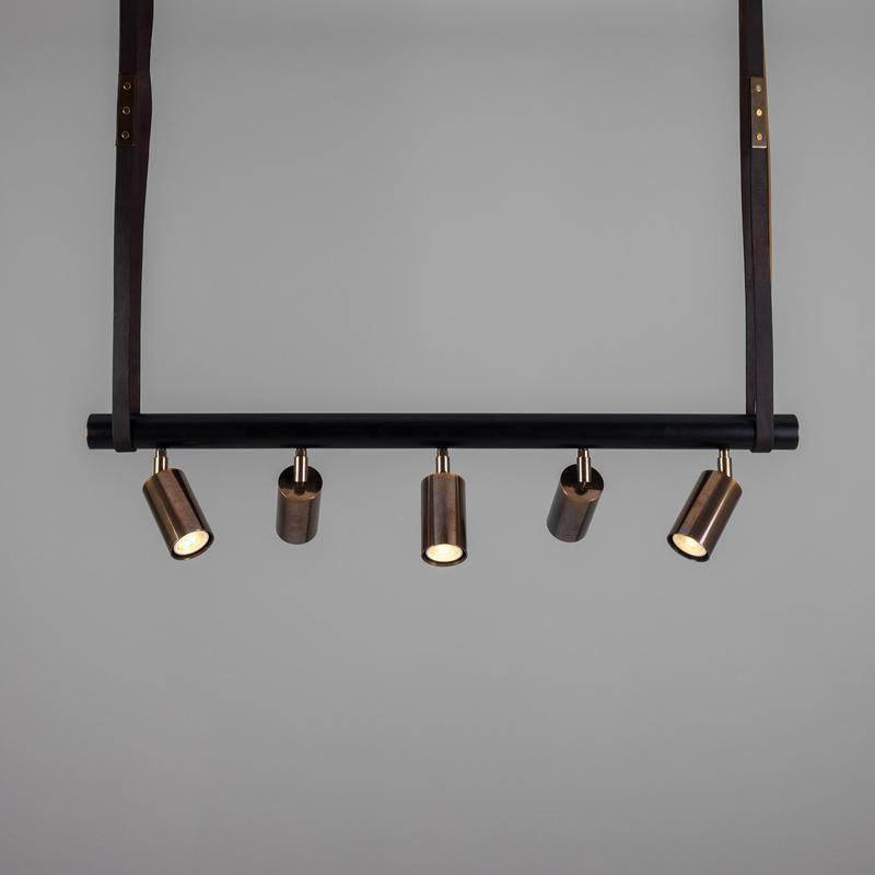 Holmes Linear Island Pendant With Leather Strap, Five Light-Mullan Lighting-Antique Brass-nirohome