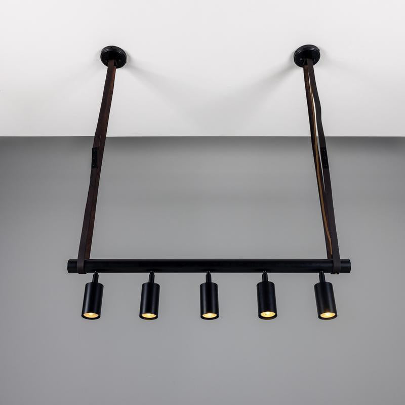 Holmes Linear Island Pendant With Leather Strap, Five Light-Mullan Lighting-Antique Brass-nirohome