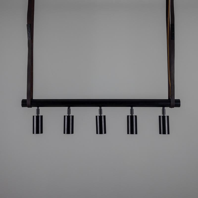 Holmes Linear Island Pendant With Leather Strap, Five Light-Mullan Lighting-Antique Brass-nirohome