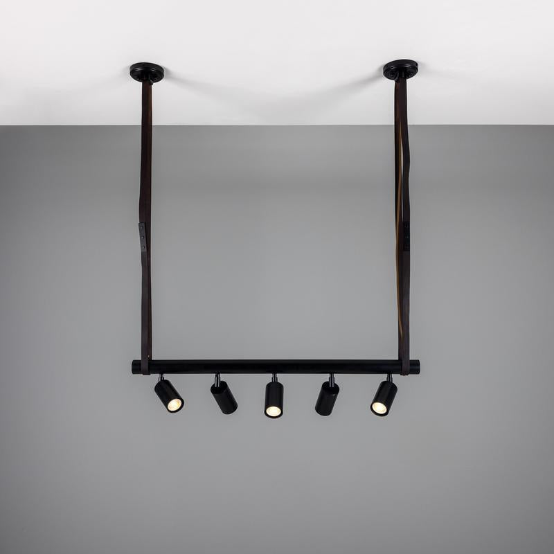 Holmes Linear Island Pendant With Leather Strap, Five Light-Mullan Lighting-Antique Brass-nirohome