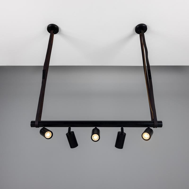 Holmes Linear Island Pendant With Leather Strap, Five Light-Mullan Lighting-Antique Brass-nirohome