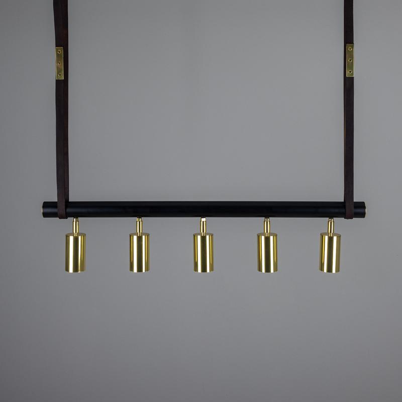 Holmes Linear Island Pendant With Leather Strap, Five Light-Mullan Lighting-Antique Brass-nirohome