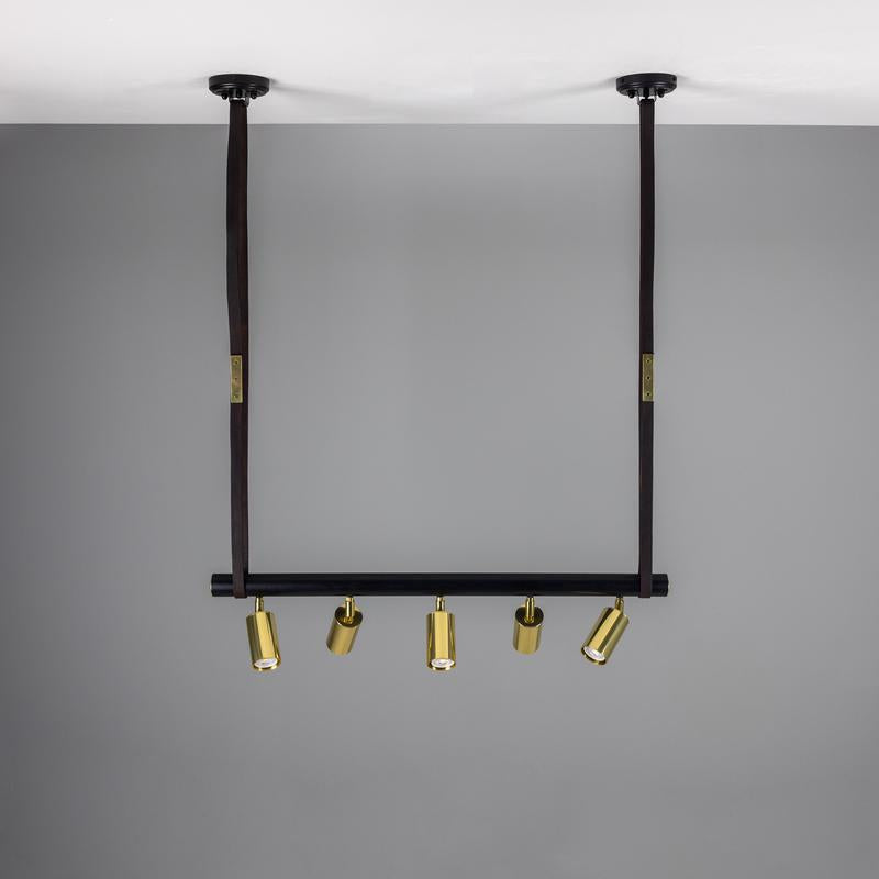 Holmes Linear Island Pendant With Leather Strap, Five Light-Mullan Lighting-Antique Brass-nirohome