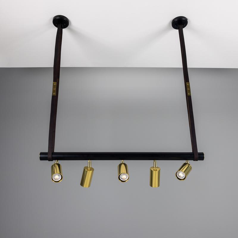 Holmes Linear Island Pendant With Leather Strap, Five Light-Mullan Lighting-Antique Brass-nirohome