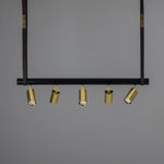 Holmes Linear Island Pendant With Leather Strap, Five Light-Mullan Lighting-Polished Brass-nirohome