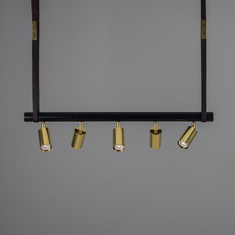 Holmes Linear Island Pendant With Leather Strap, Five Light-Mullan Lighting-Polished Brass-nirohome