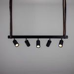 Holmes Linear Island Pendant With Leather Strap, Five Light-Mullan Lighting-Powder Coated Matt Black-nirohome