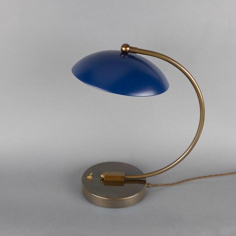 Marrakesh Art Deco Table Lamp With a Rounded Brass Arm-Mullan Lighting-Antique Brass & Powder Coated Sapphire Blue-nirohome