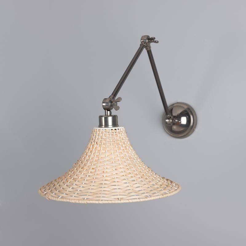 Savannah Adjustable Arm Wall Light with Large Bell Shaped Rattan Shade-Mullan Lighting-Antique Silver-nirohome