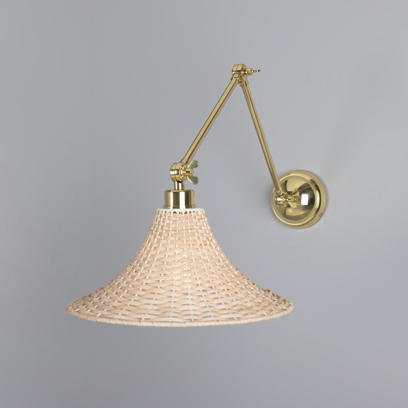 Savannah Adjustable Arm Wall Light with Large Bell Shaped Rattan Shade-Mullan Lighting-Polished Brass-nirohome