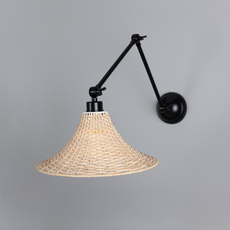 Savannah Adjustable Arm Wall Light with Large Bell Shaped Rattan Shade-Mullan Lighting-Powder Coated Matt Black-nirohome