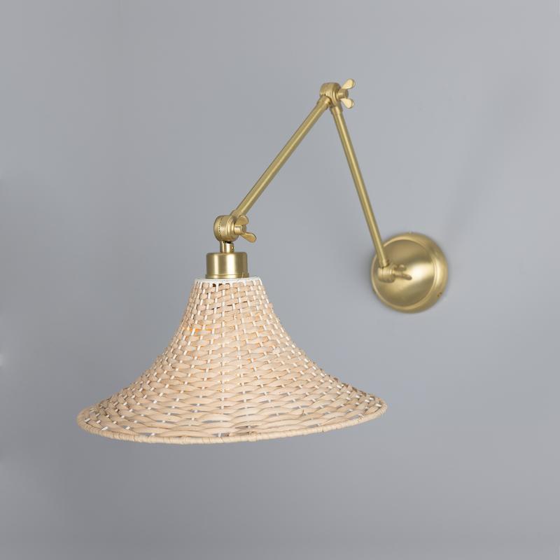 Savannah Adjustable Arm Wall Light with Large Bell Shaped Rattan Shade-Mullan Lighting-Satin Brass-nirohome