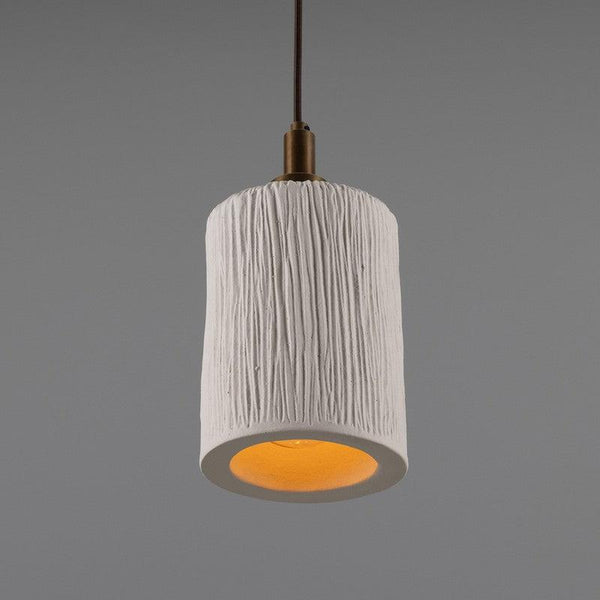 Senna Organic Ceramic Cylinder Bathroom Pendant Light in Matt White Striped - IP44