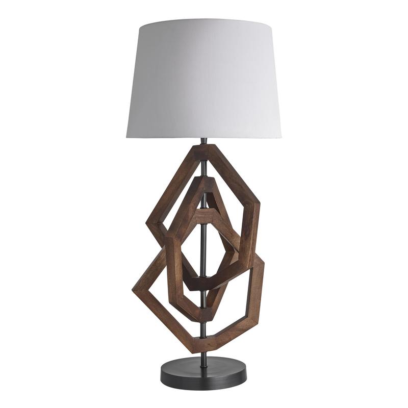 Wooden Geometric Polygon Table Lamp-Industville-Natural Wood-Natural Cotton Empire Shade-nirohome